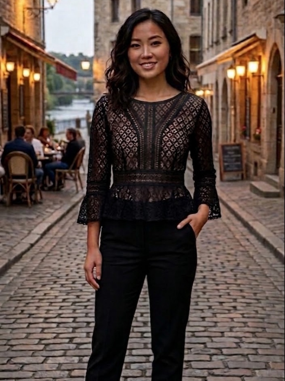 Black Lace Peplum Top - Women